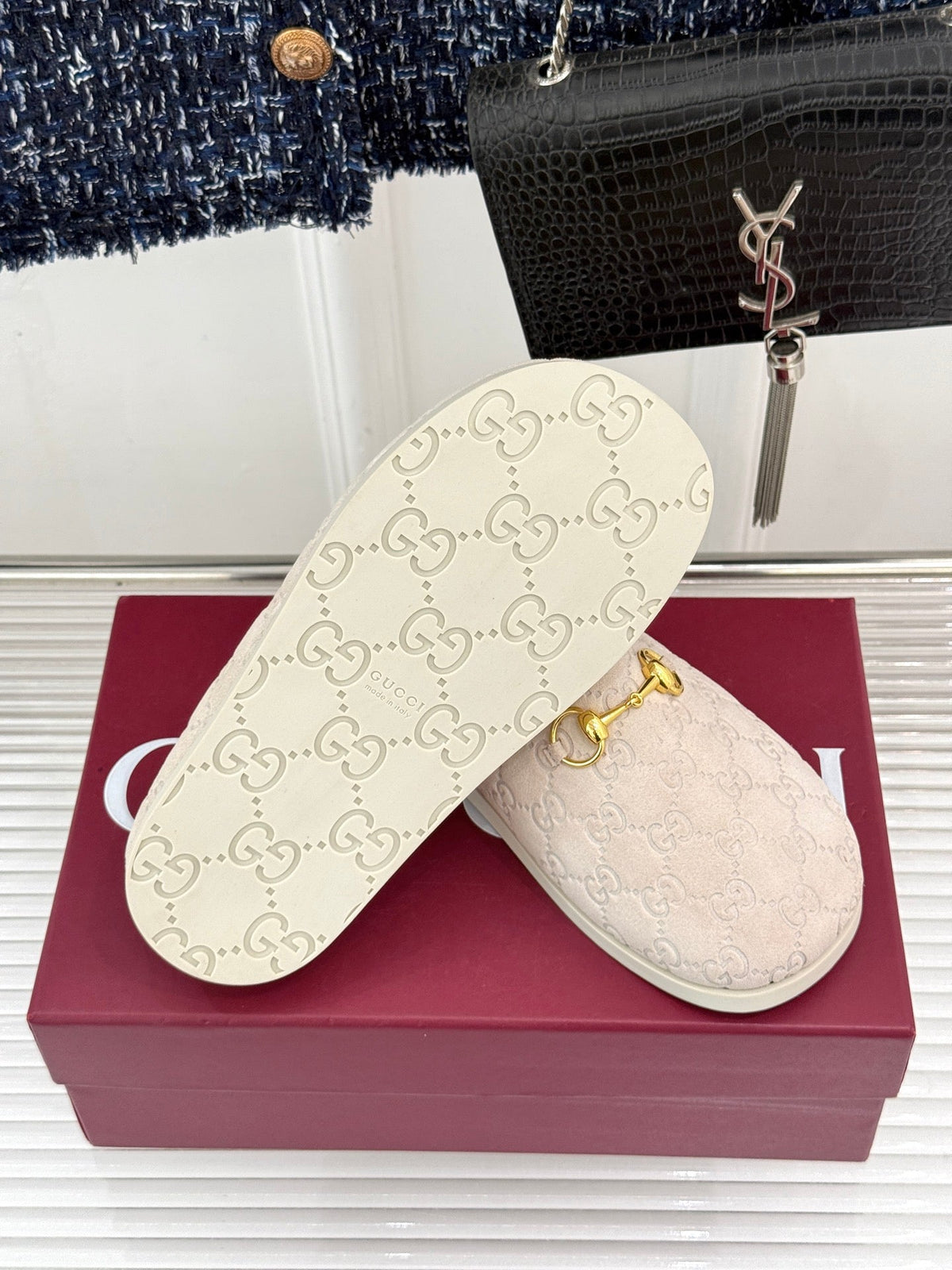 GG Mule With Horsebit Cream Suede 905742