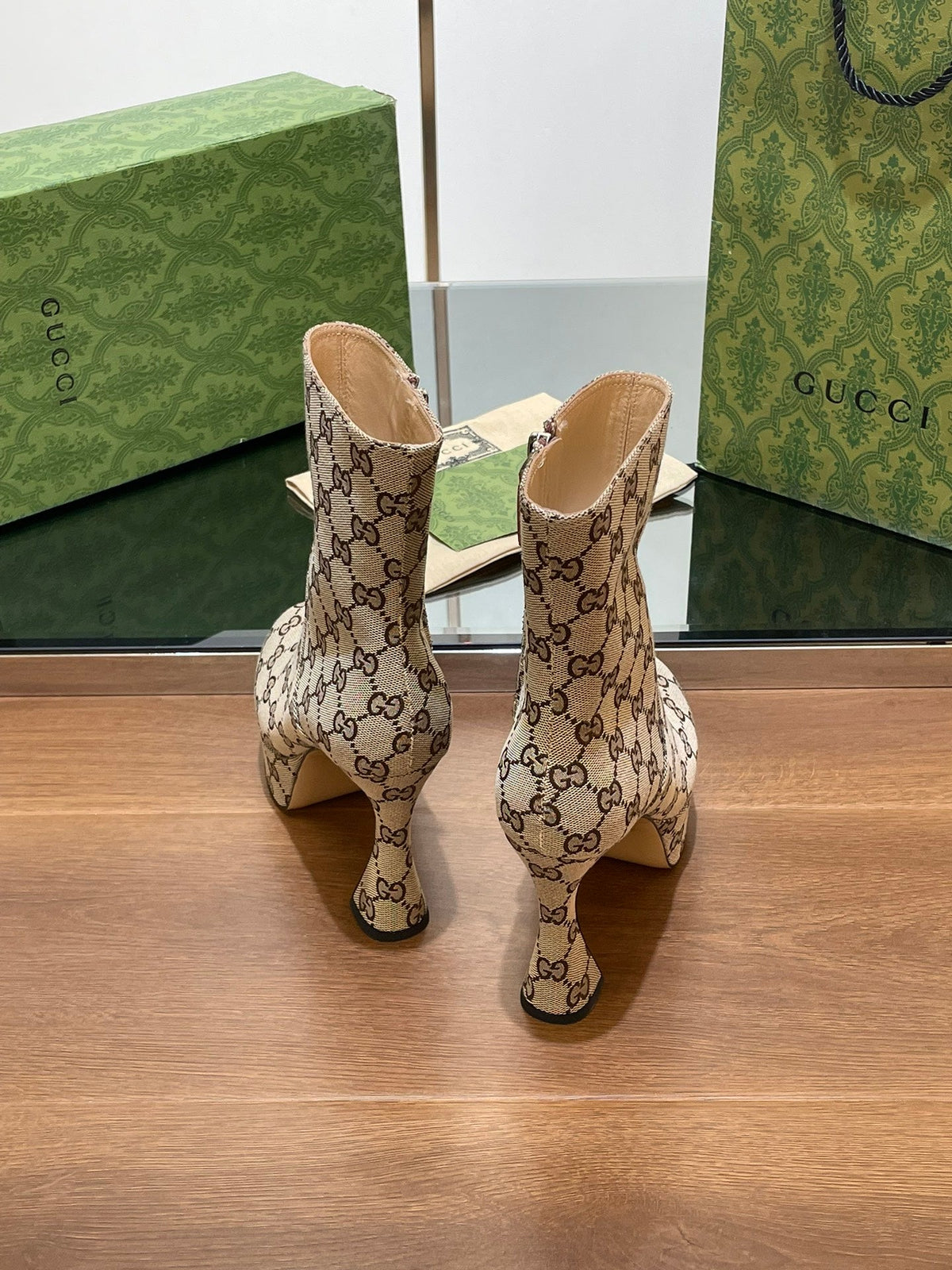 GG SHORT BOOTS 11.5 CM IN CAMEL BROWN MONOGRAM JACQUARD FABRIC