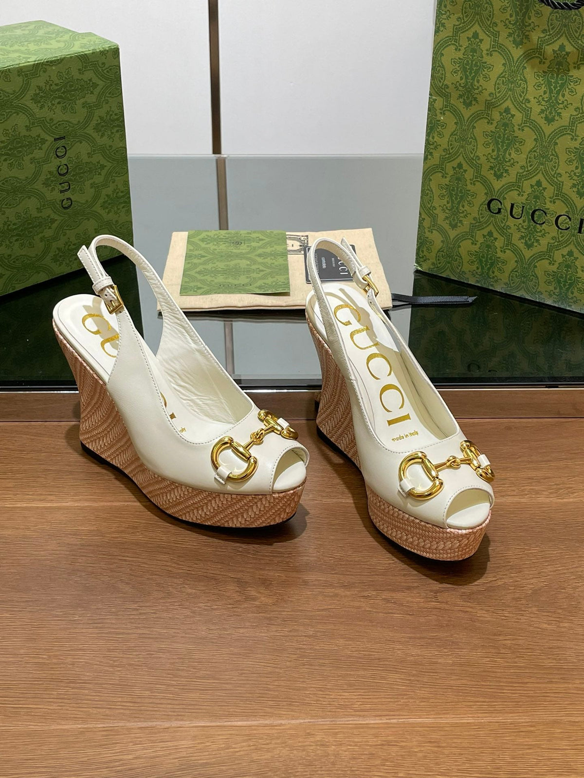 GG WEDGE PLATFORM IN WHITE CALFSKIN