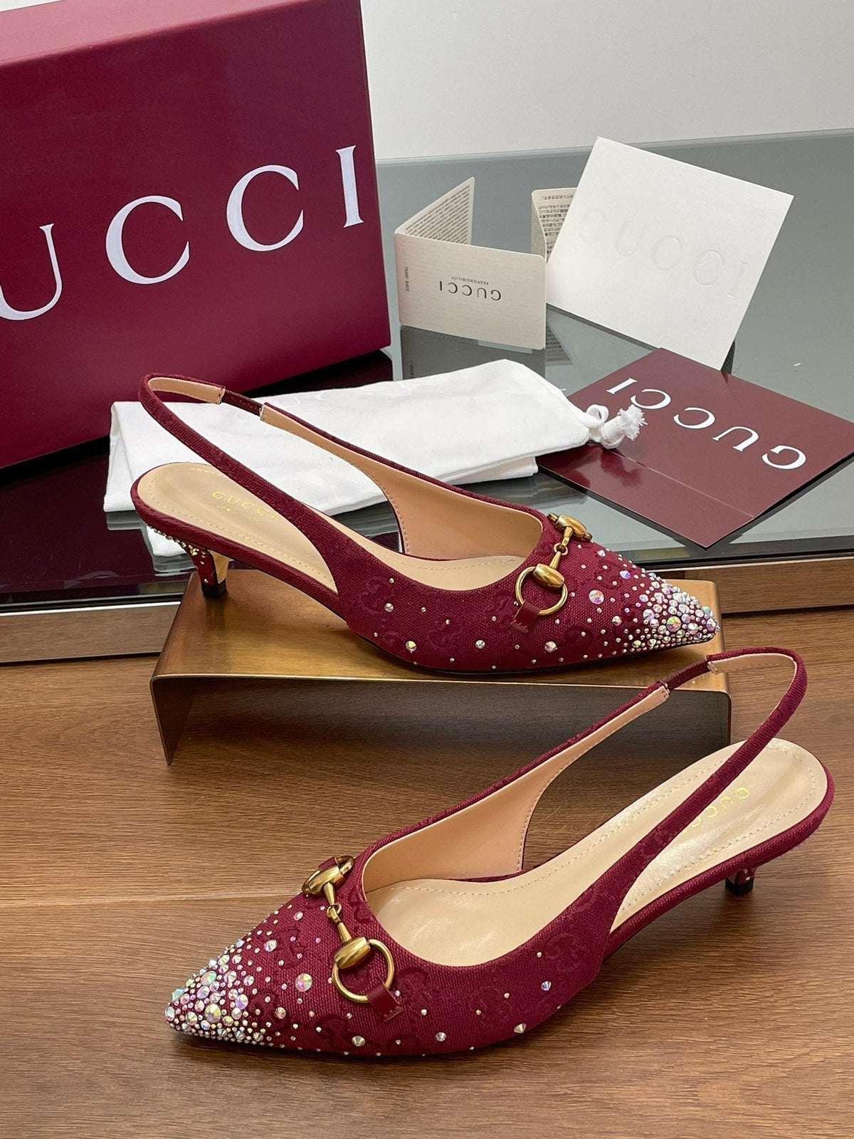 GG Horsebit Slingback 45MM Red Ebony Monogram Canvas Point Toe Crystal-Embellished