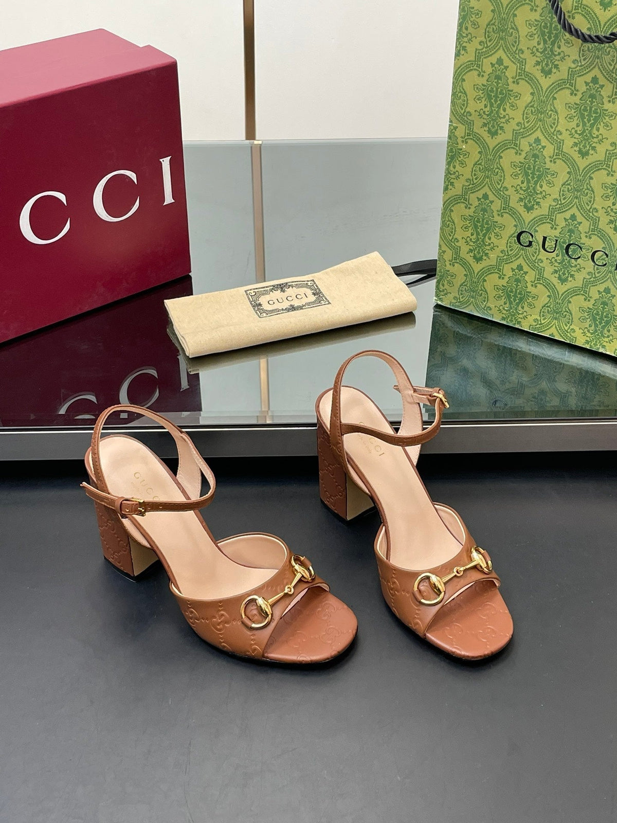 GG Women Horsebit Embossed High Heel Sandal Open Toe Gold Sheepskin 149225