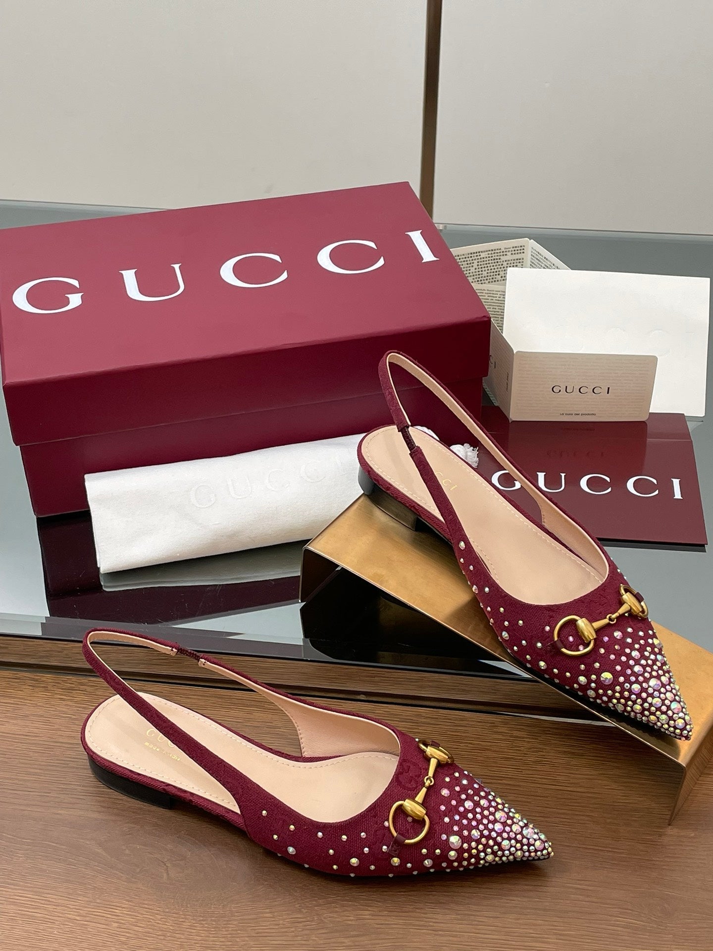 GG Horsebit Slingback Flat Red Ebony Monogram Canvas Point Toe Crystal-Embellished