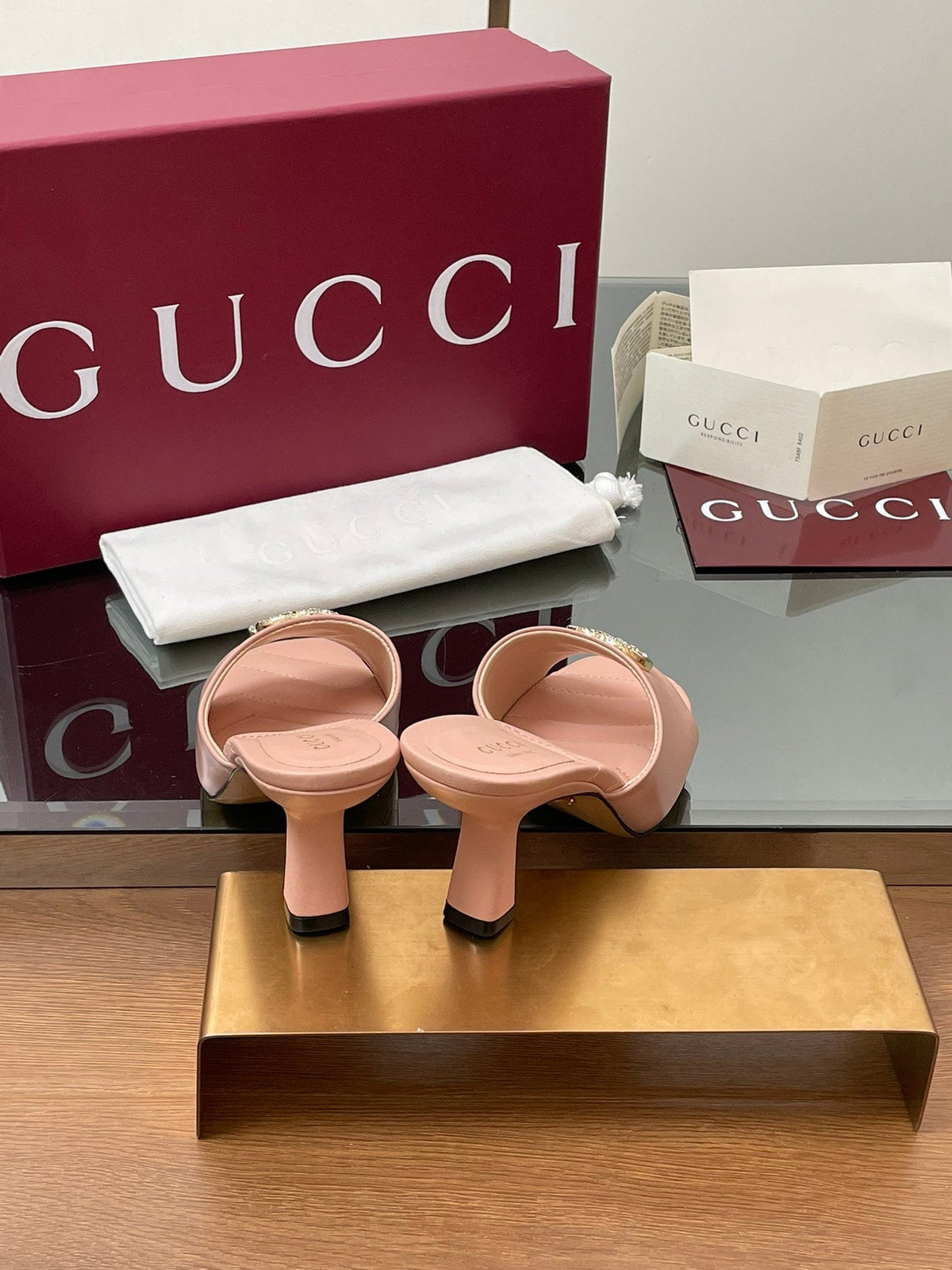 GG Canvas Mid-Heel Mules 7.5cm Light Pink Sheepskin 646479