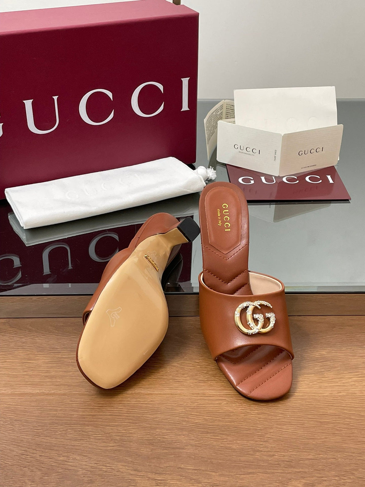 GG Canvas Mid-Heel Mules 7.5cm Tan Brown Sheepskin 646480
