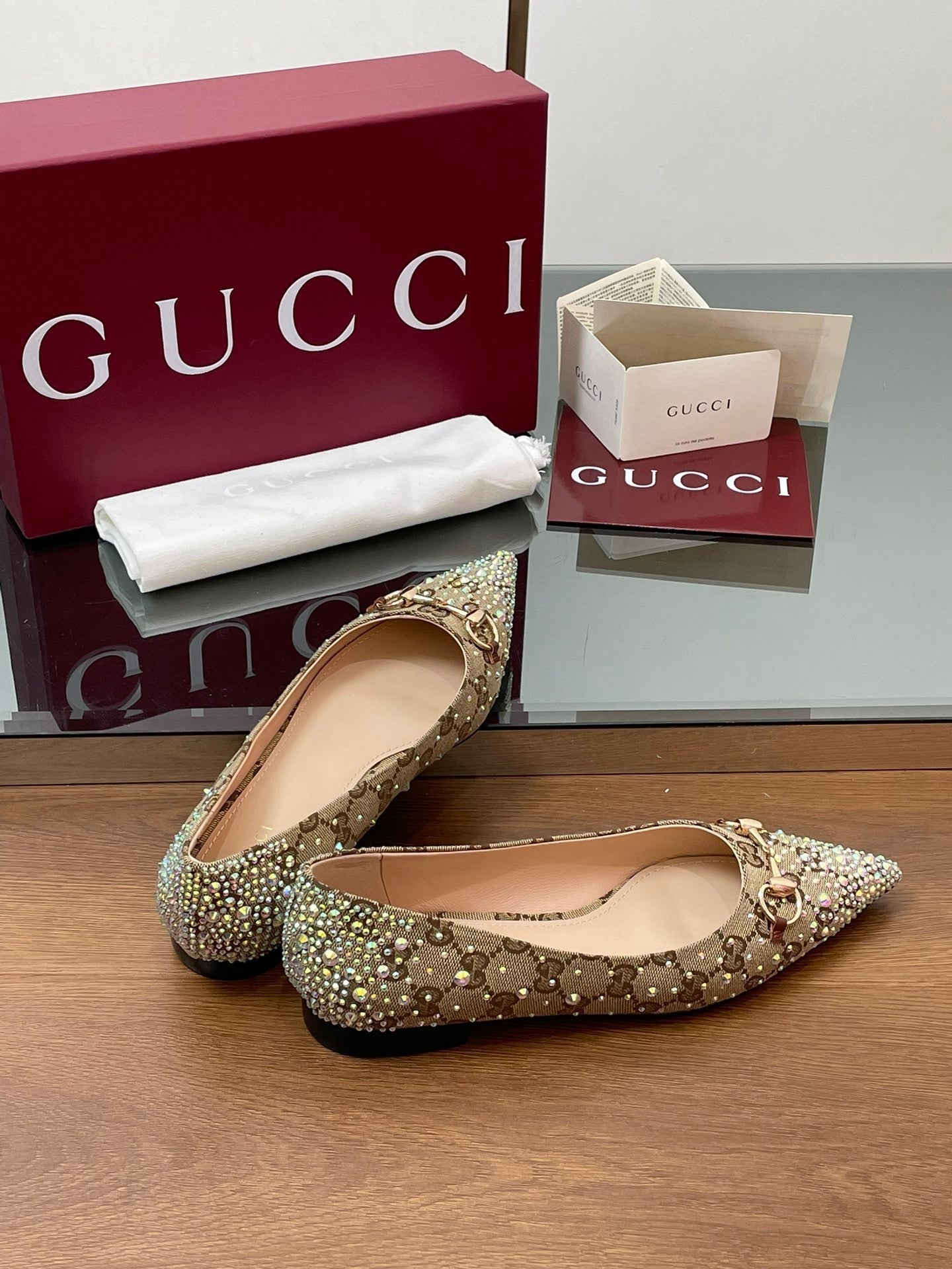 GG Horsebit Ballet Flat Beige Ebony Monogram Canvas Crystal-Embellished