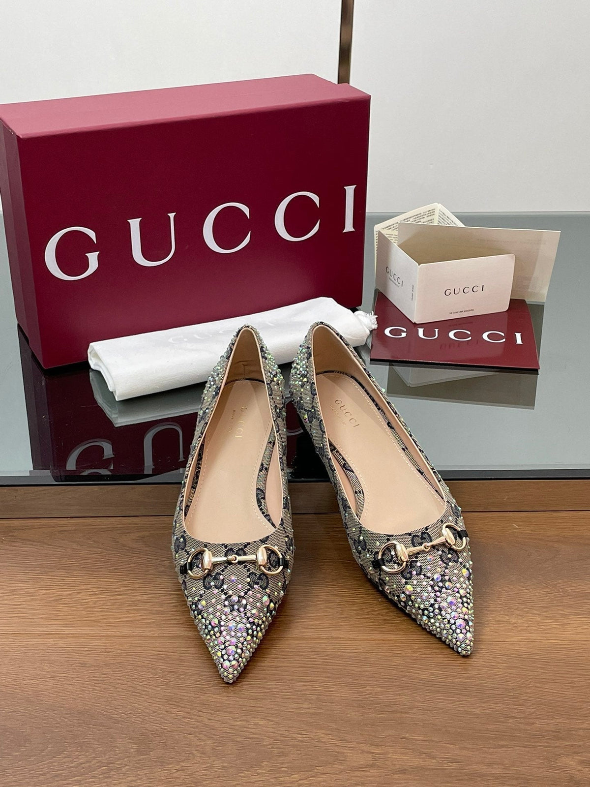 GG Horsebit Ballet Flat Beige Black Monogram Canvas Crystal-Embellished