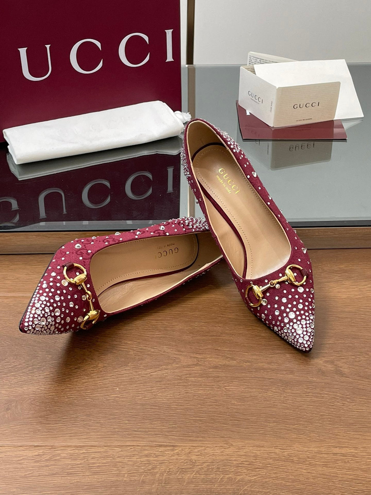GG Horsebit Pump 85 Red Ebony Monogram Canvas Crystal-Embellished