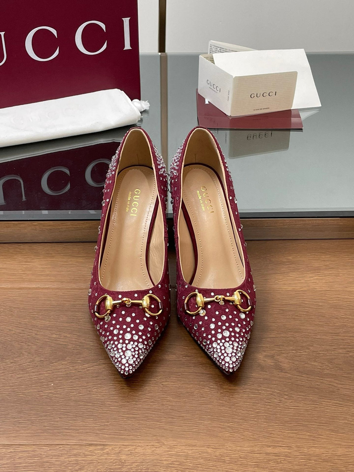 GG Horsebit Pump 85 Red Ebony Monogram Canvas Crystal-Embellished
