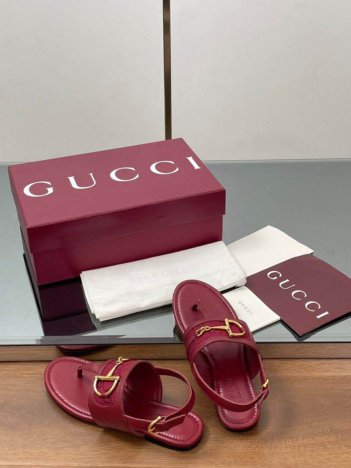 GG Horsebit Thong Flat Sandals Burgundy Sheepskin Canvas 646466
