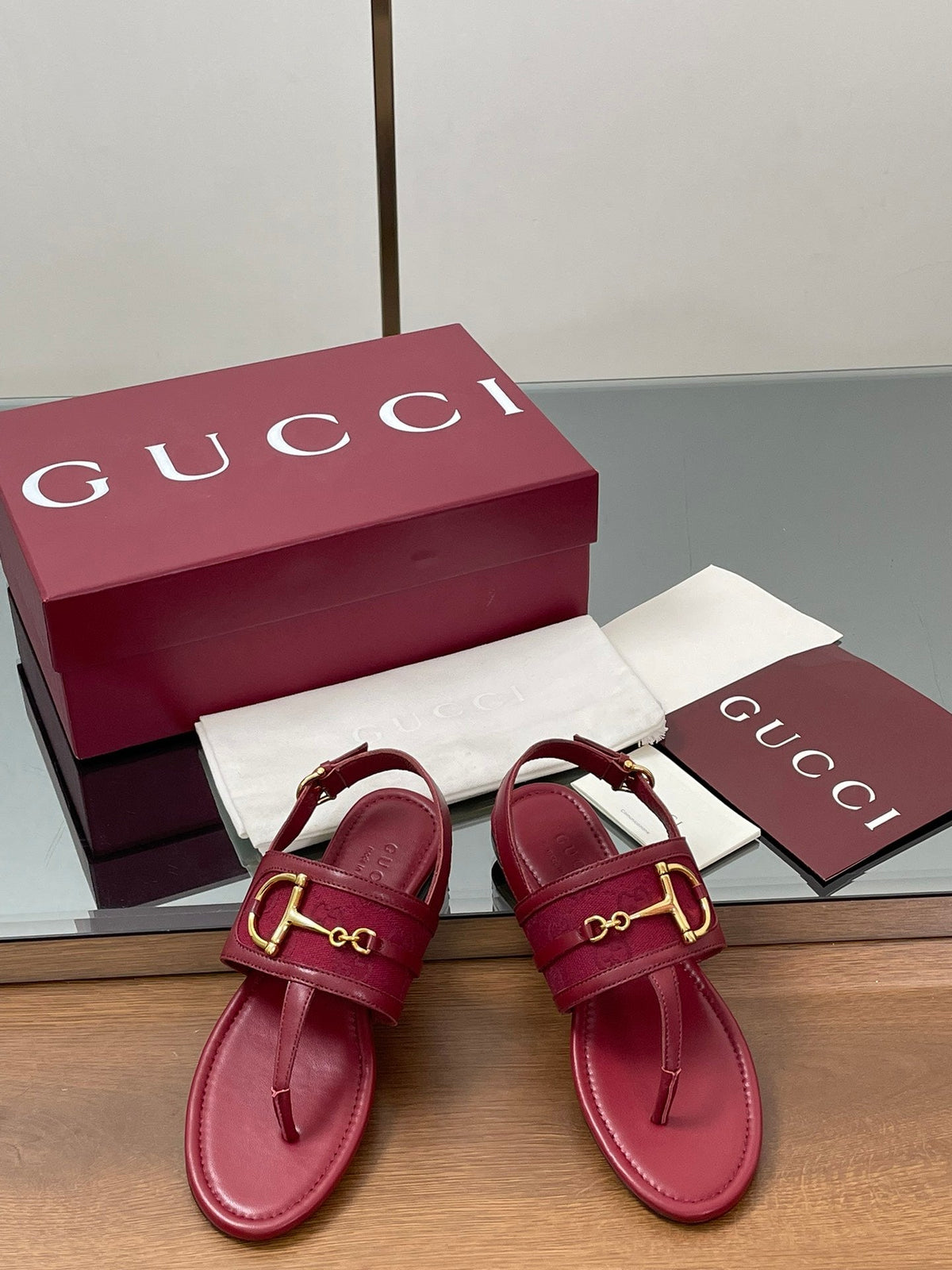 GG Horsebit Thong Flat Sandals Burgundy Sheepskin Canvas 646466