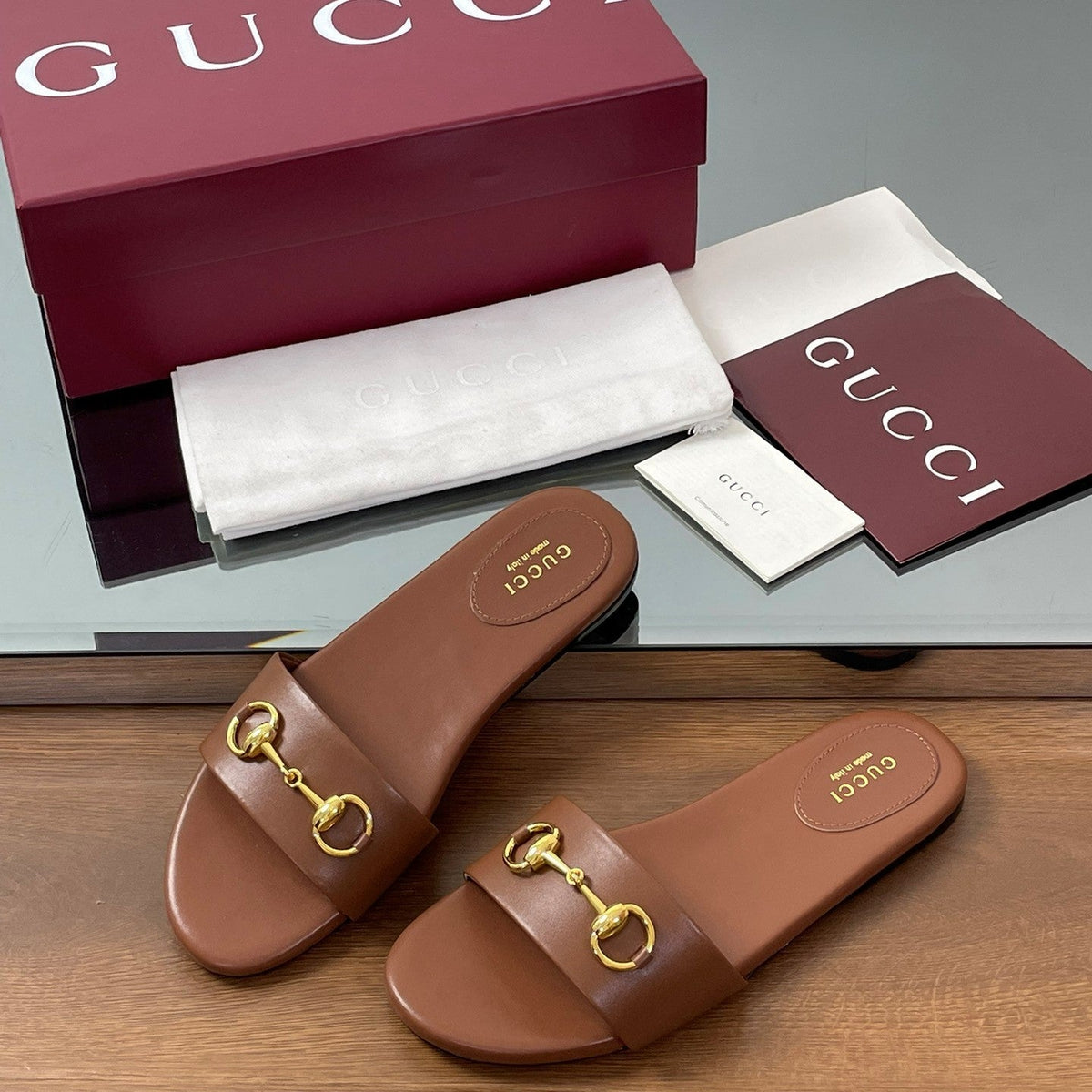 GG Horsebit Slide Sandals Brown Sheepskin 646545