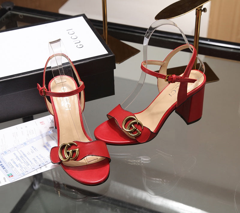 GG Marmont Ankle Strap Sandal 8cm Red Sheepskin 342565