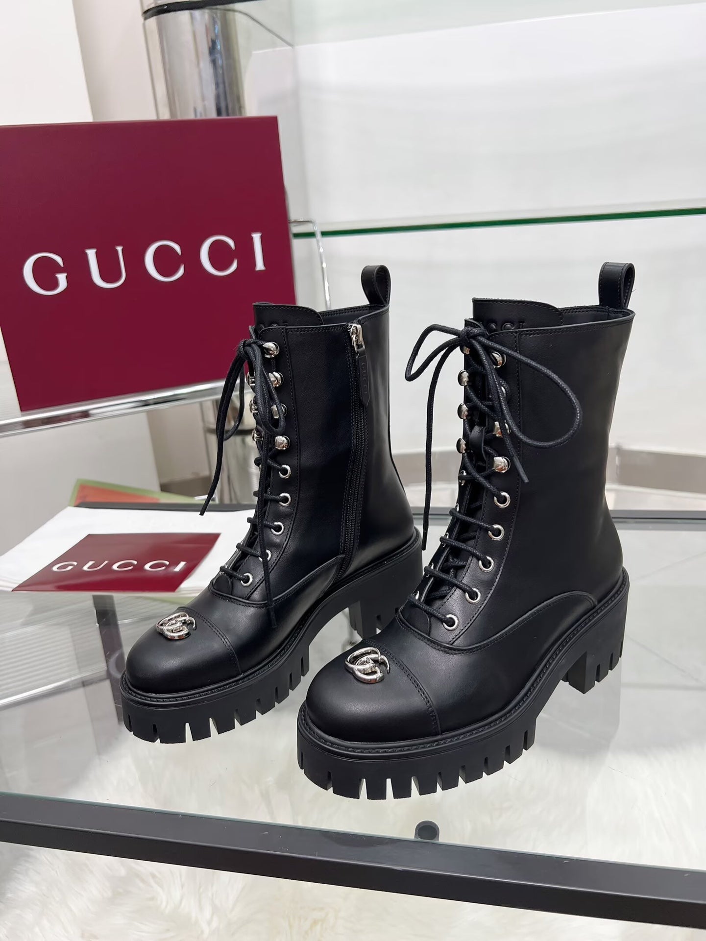 GG Platform Combat Boots Black Cowhide 476792