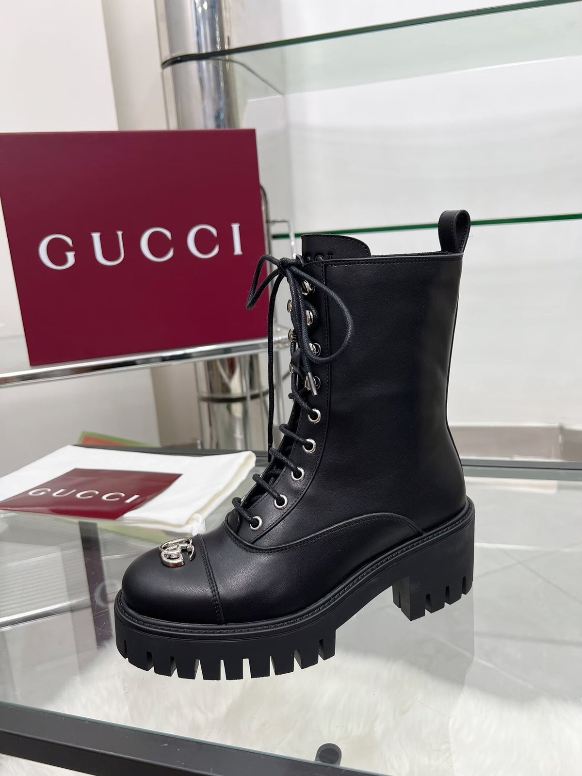 GG Platform Combat Boots Black Cowhide 476792