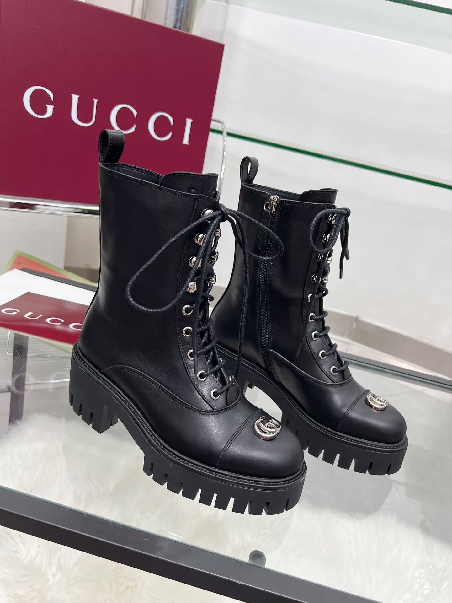 GG Platform Combat Boots Black Cowhide 476792
