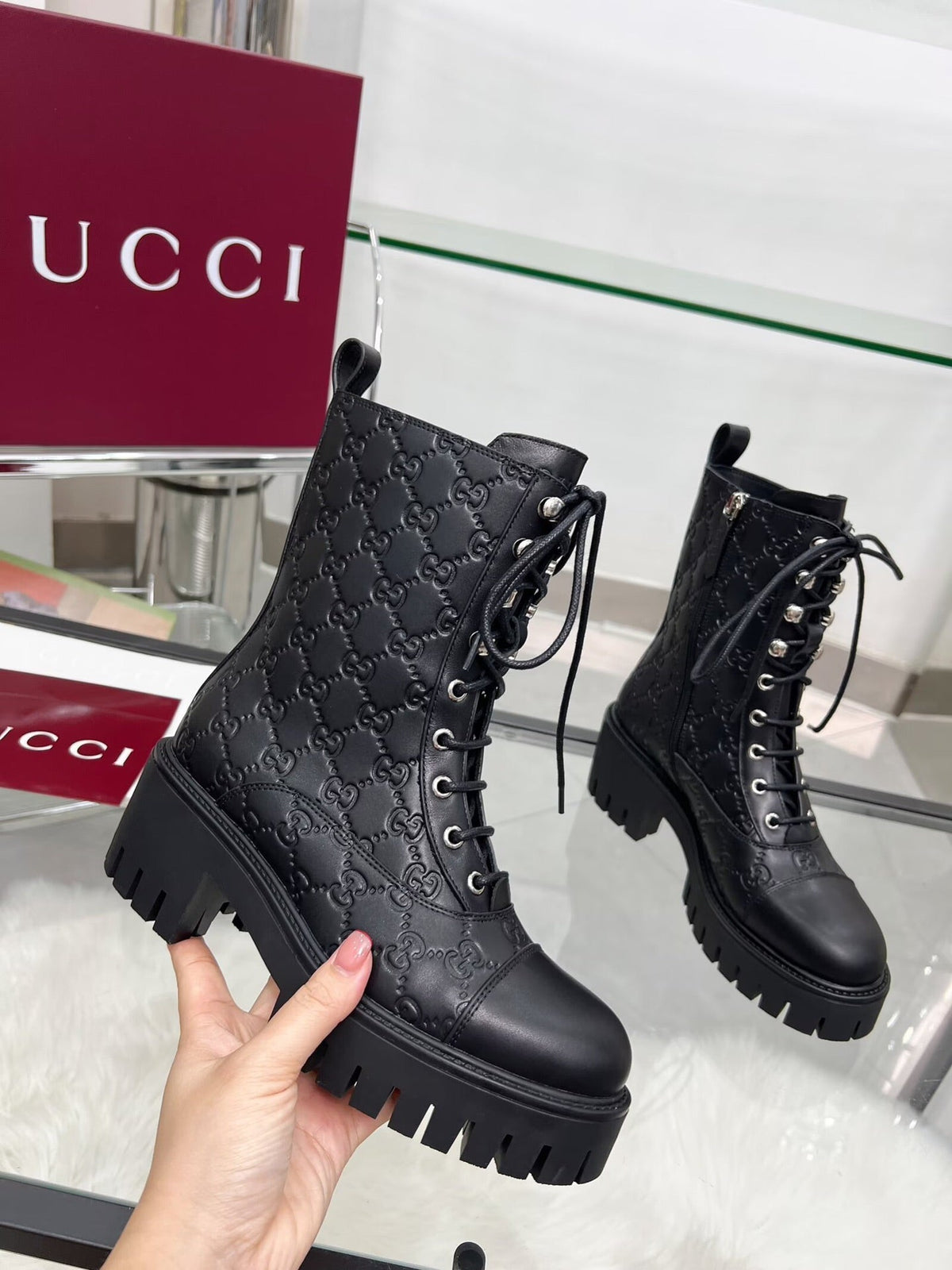 GG Platform Combat Boots Black Logo Embossed Cowhide 476791