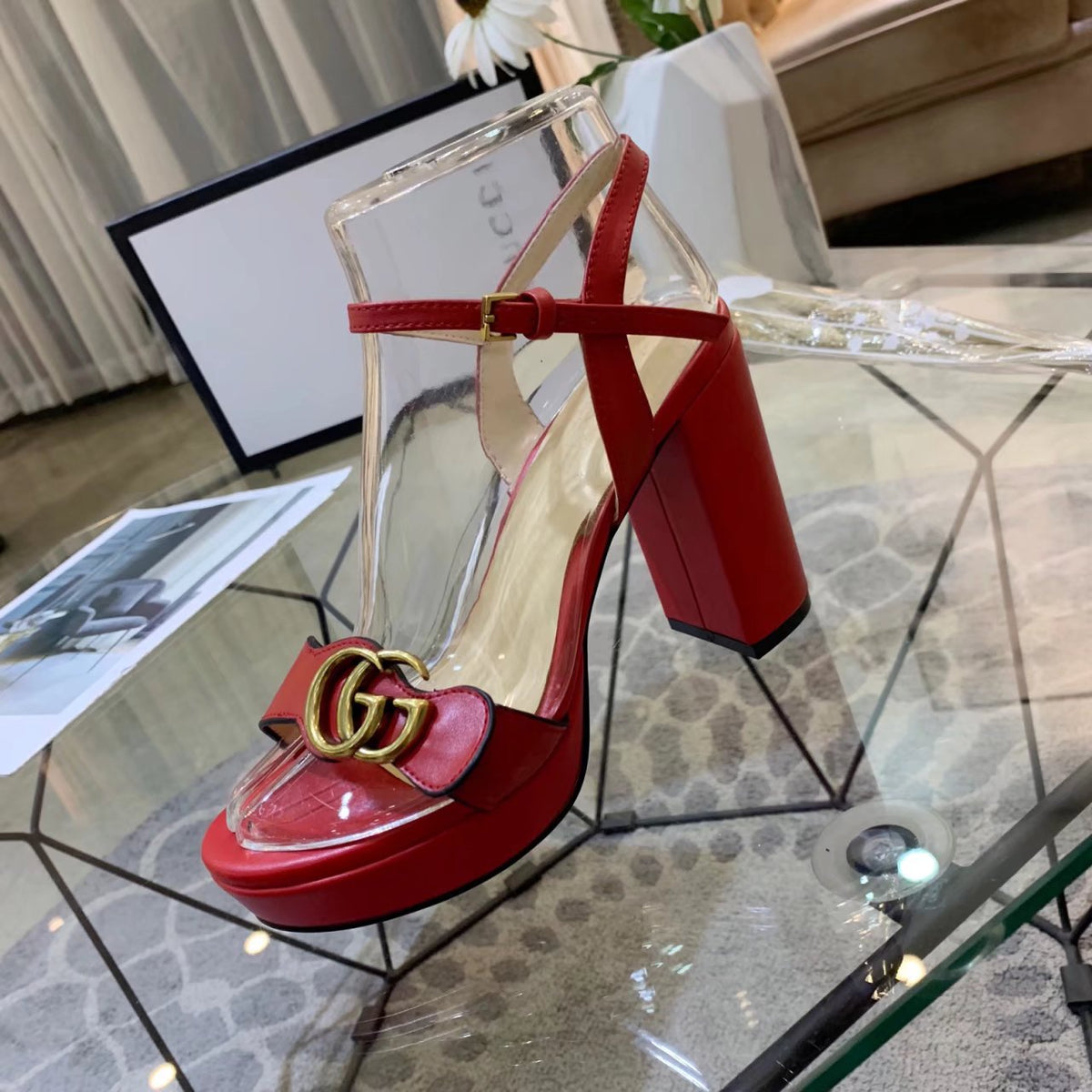 GG 26s Marmont Sandals 10cm Sandals Red Leather 926707