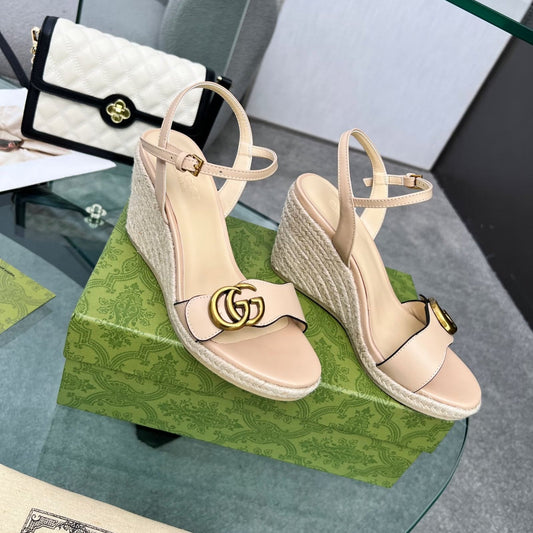 GG 26s Straw Platform Sandals 8cm Light Pink Leather 926713