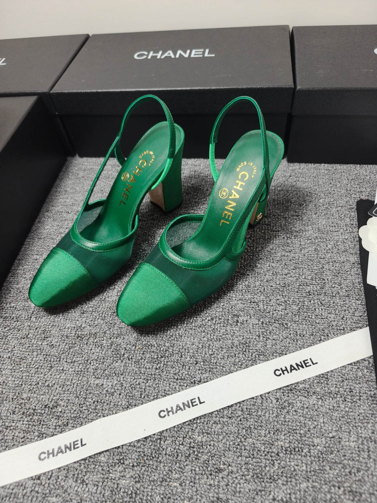CC 26s Slingback 9.5cm Green Mesh Fabric Sheepskin 681987