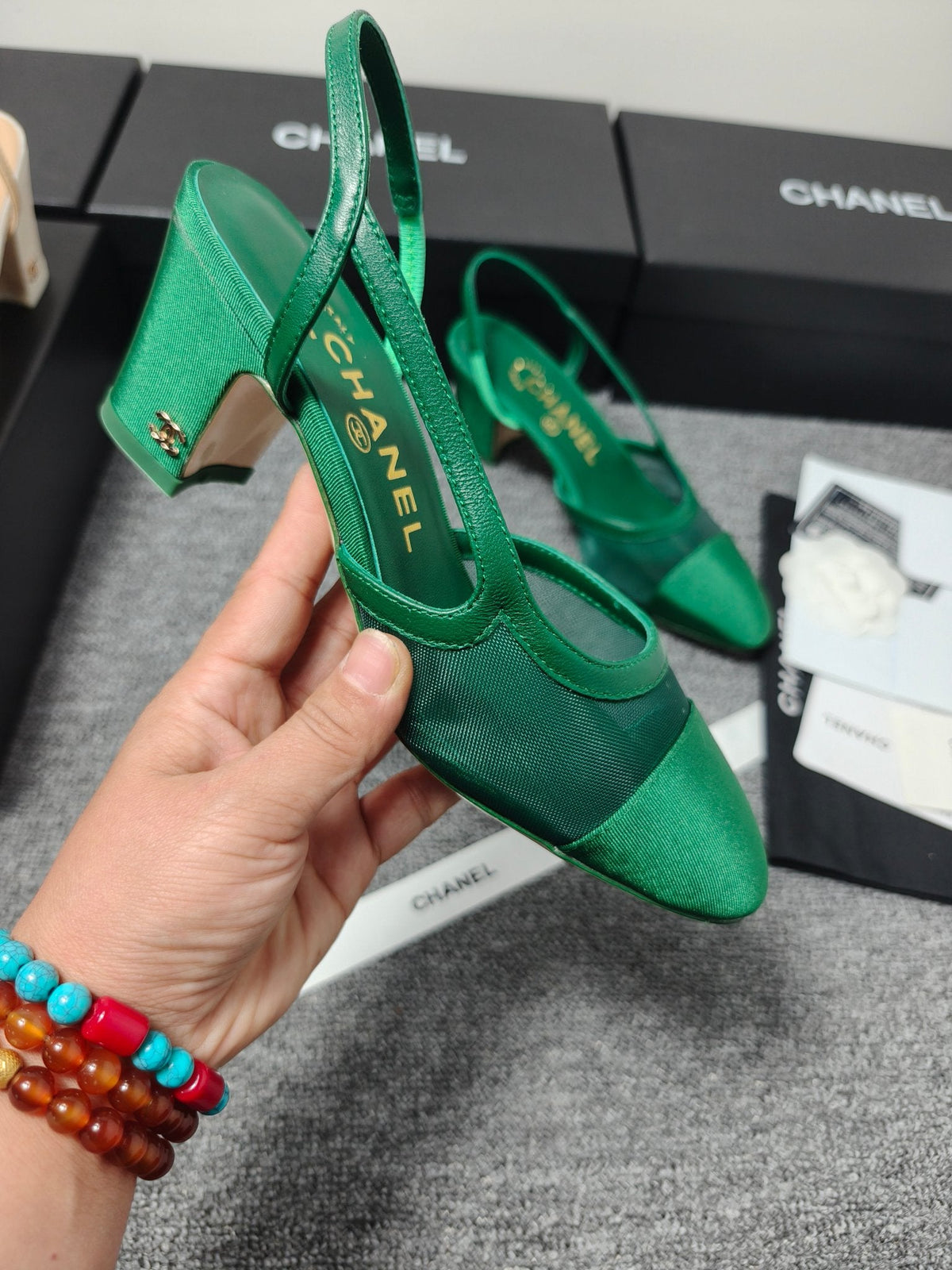 CC 26s Slingback 6.5cm Green Mesh Fabric Sheepskin 681993