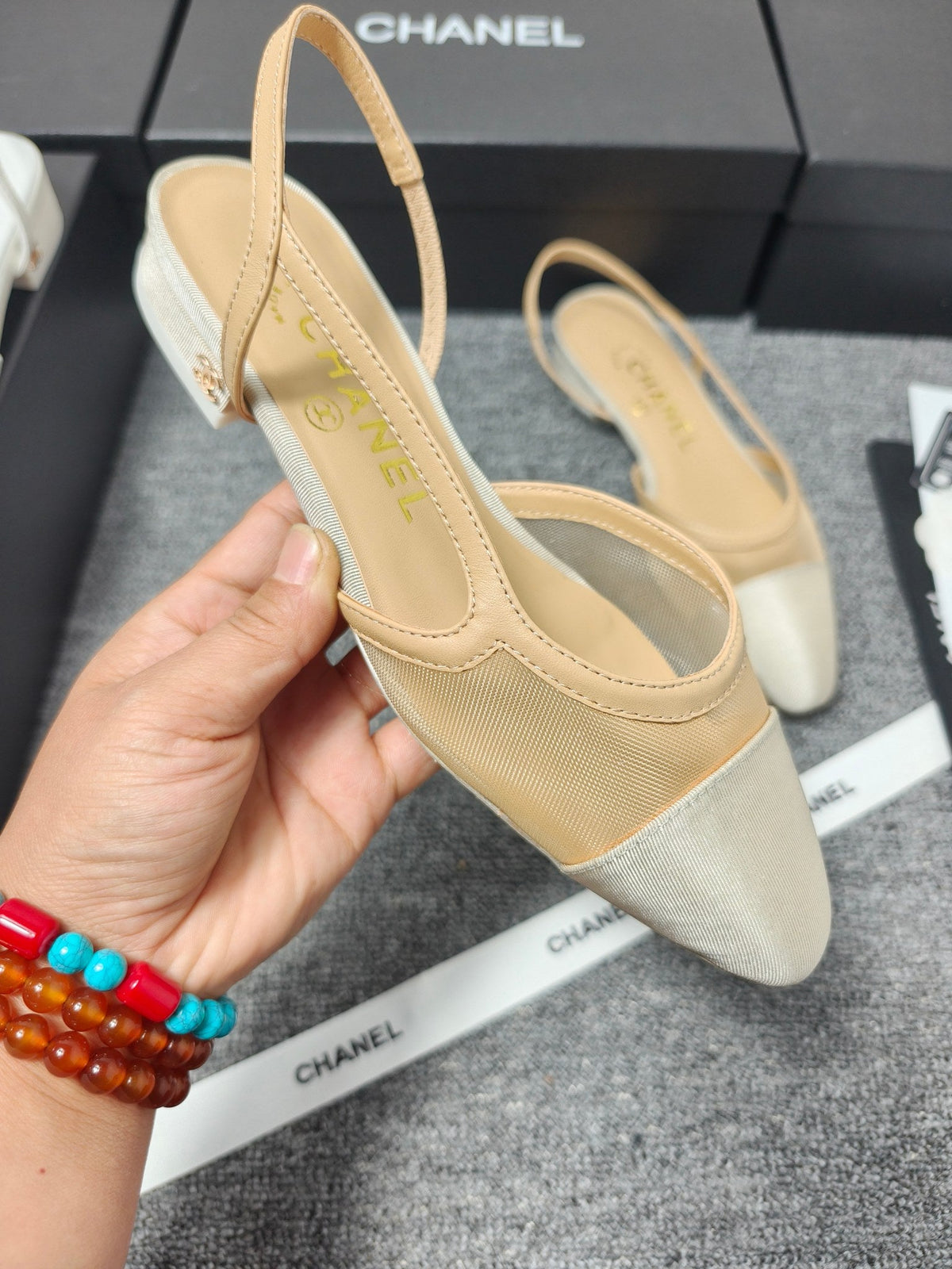 CC 26s Slingback Beige Mesh Fabric Sheepskin 682001