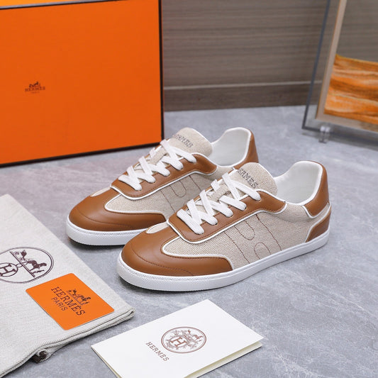 HM 26ss Casual Sneakers Ecru Brown Calfskin Canvas 637716