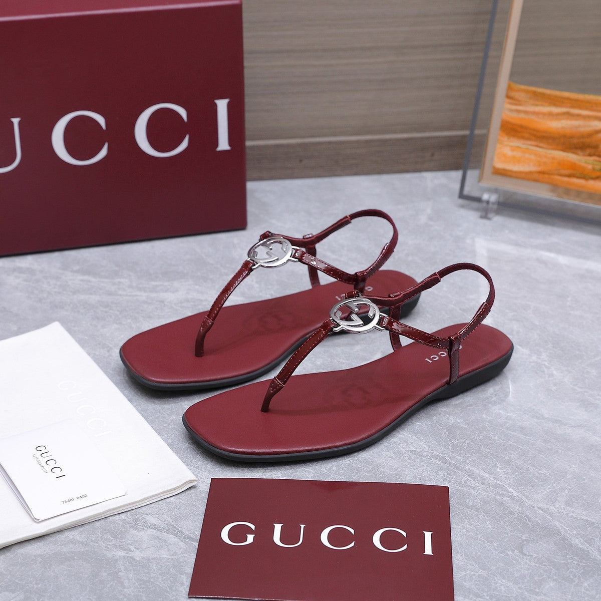 GG Thong Sandal With Interlocking G Burgundy Sheepskin 864297
