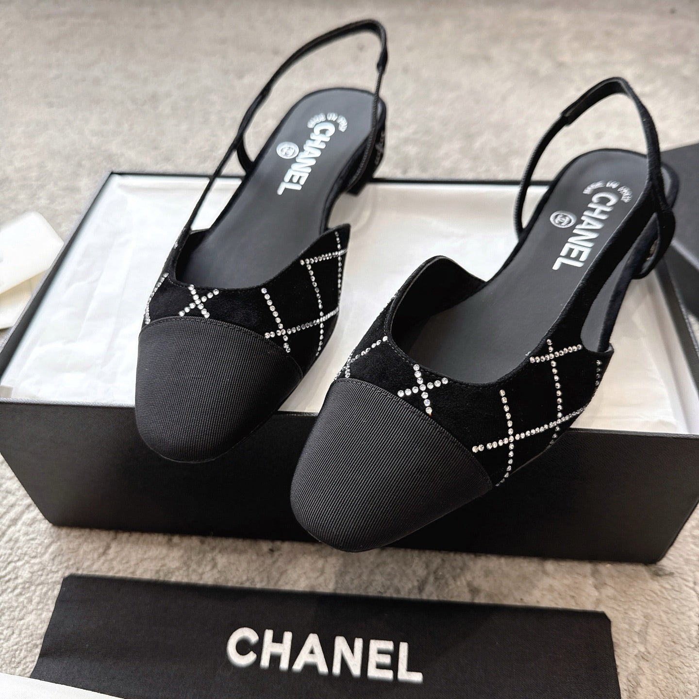 CC Slingback Flat Black Quilted Canvas Suede 716360