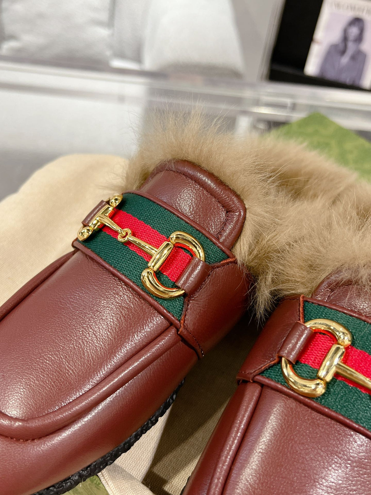 HORSEBIT MULE WITH WEB IN WINE RED CALFSKIN MIX MINK FUR