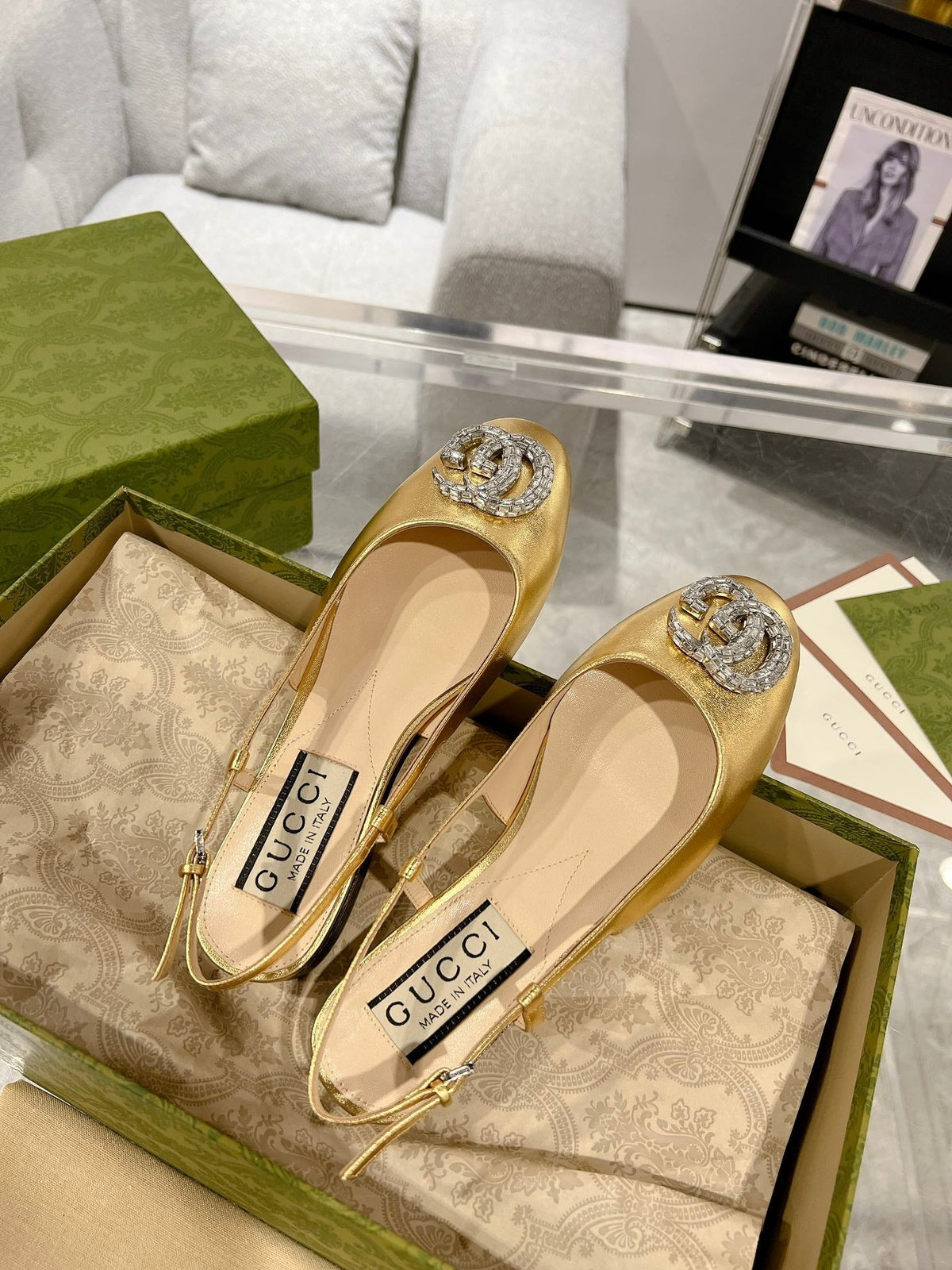 GG CRYSTALS SLINGBACK BALLET METALLIC GOLD CALFSKIN