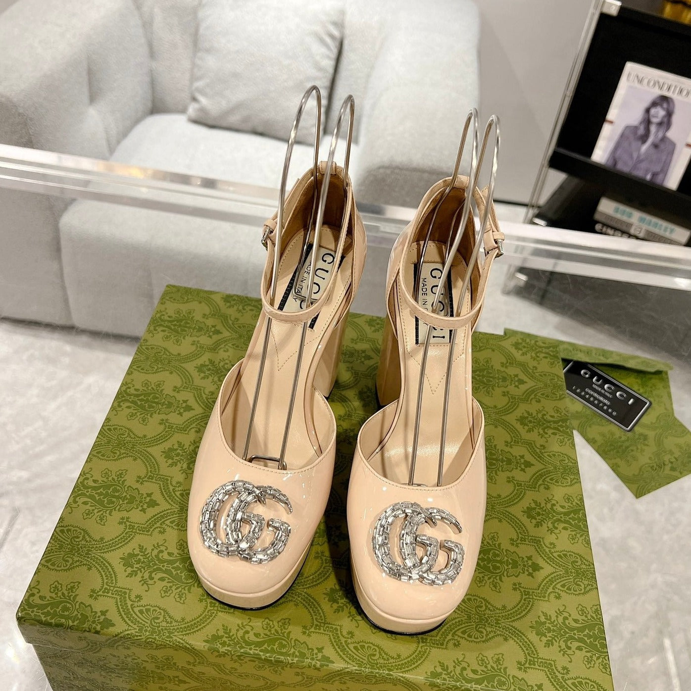 GG CRYSTALS PLATFORM PUMPS CREAM CALFSKIN