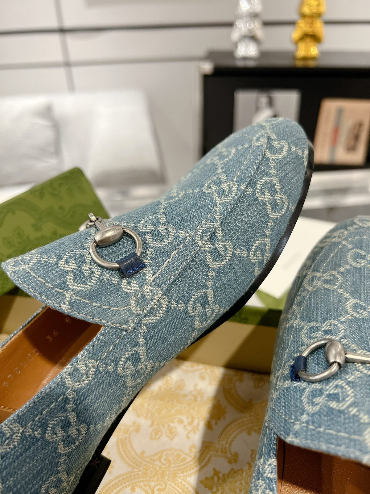 MEN'S LOAFER WITH HORSEBIT IN SAPHIRE BLUE MONOGRAM JACQUARD FABRIC