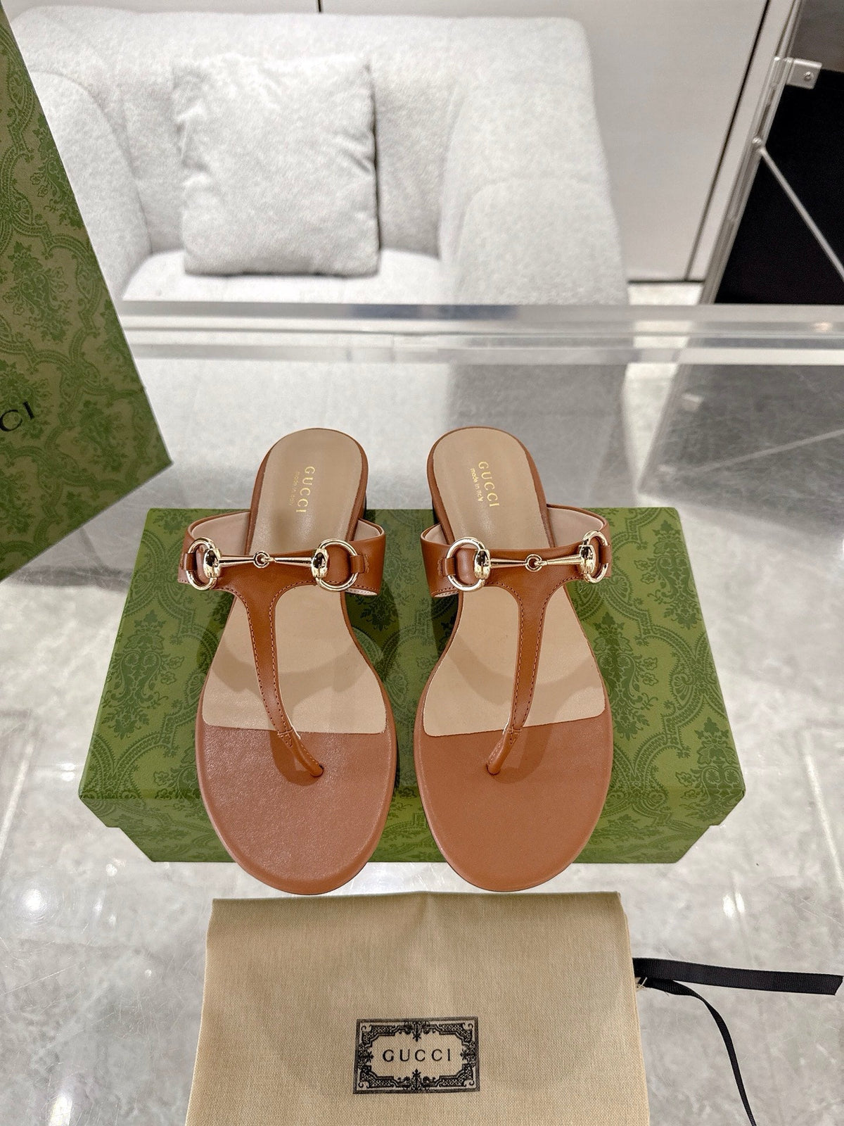 GC Horsebit Thong Sandals Brown Leather 292478