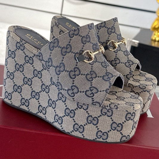 GC Wedge With Horsebit Sandal Gray Blue Canvas 292420