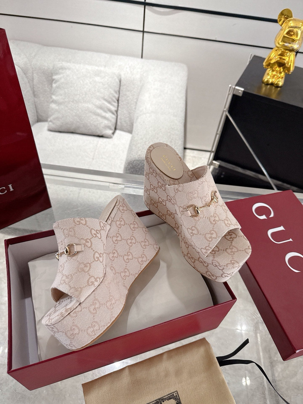 GC Wedge With Horsebit Sandal Beige Canvas 292423