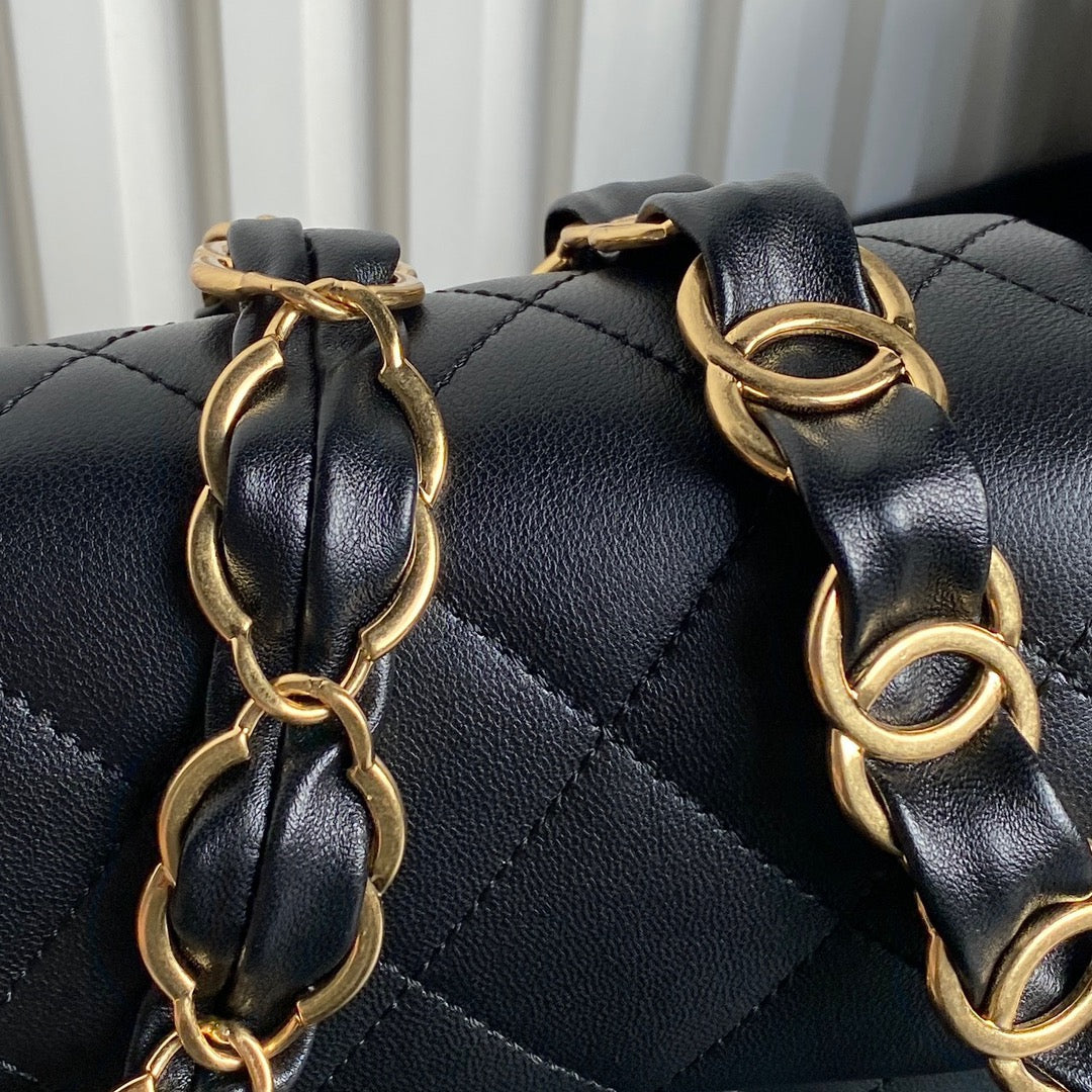 CC 24K Mini Flap Bag 21cm Black Lambskin Gold Hardware