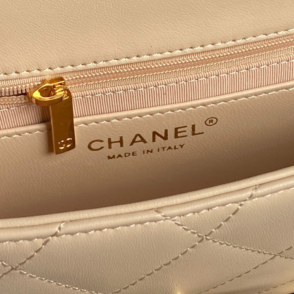 CC 24K Mini Flap Bag 21cm Beige Lambskin Gold Hardware