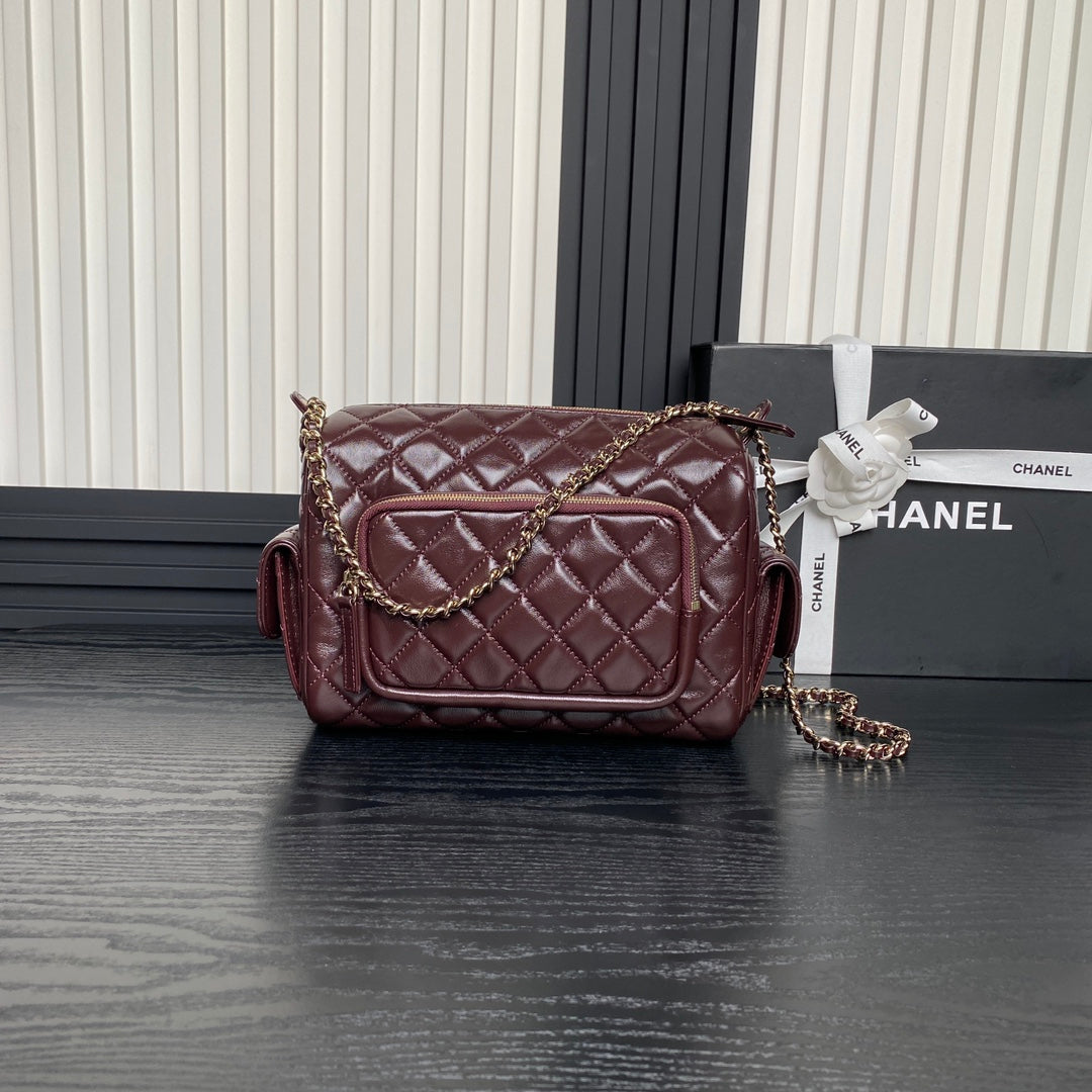 24K Camera Bag Burgundy Calfskin Gold Hardware