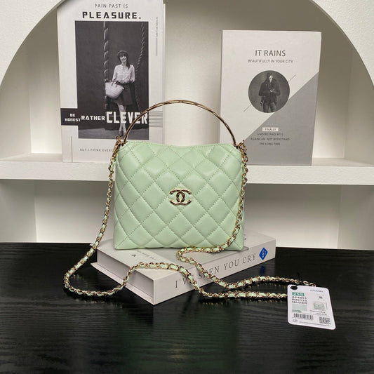 CC Coco Crush Handle Lunch Bag Light Green Caviar Leather