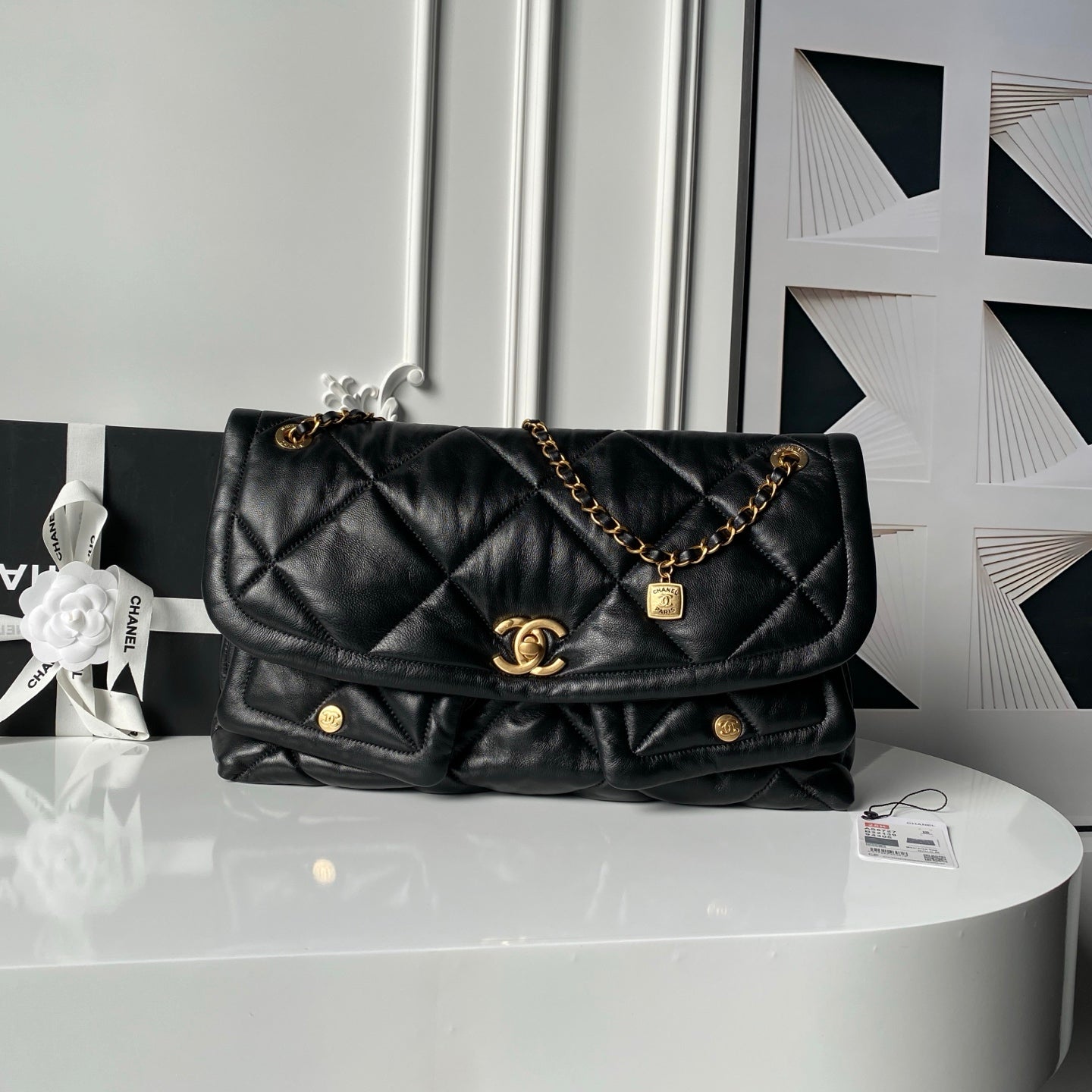 Chanel 26s Flap Bag 45cm In Black Lambskin With Gold Hardware