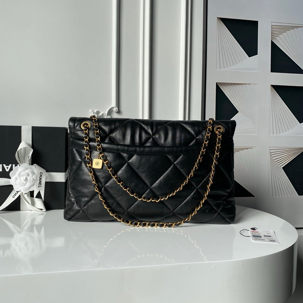 Chanel 26s Flap Bag 45cm In Black Lambskin With Gold Hardware