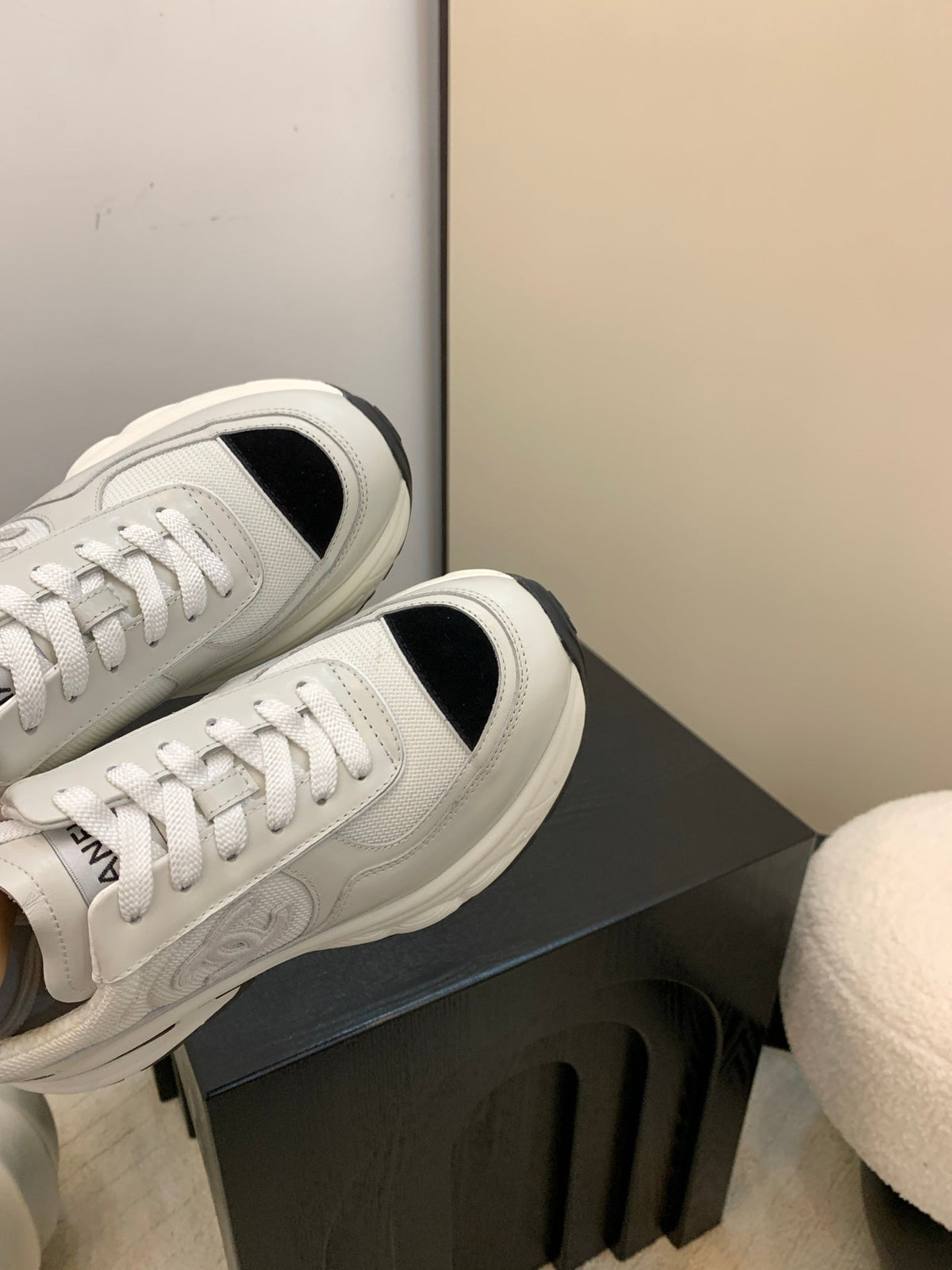 Chanel Sneakers Gray Black Leather And Mesh Fabric 537187