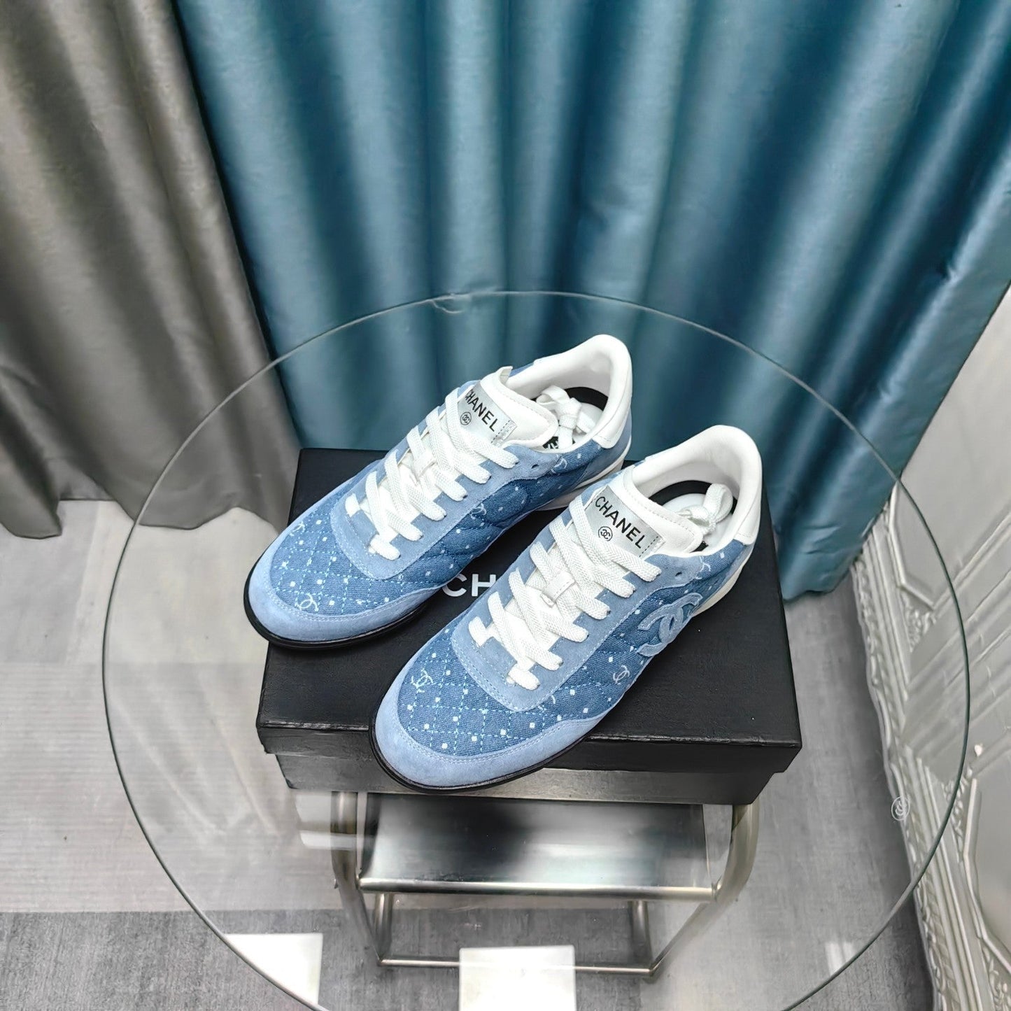 CC Sneaker Blue Quilted Denim Fabric And Suede