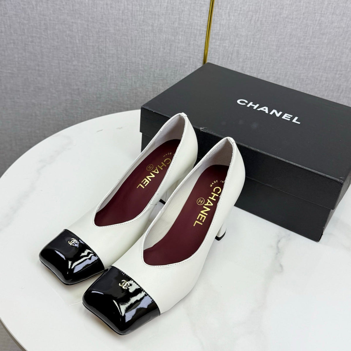 CC Square Toe Slingback Black White Sheepskin Patent Leather 541130