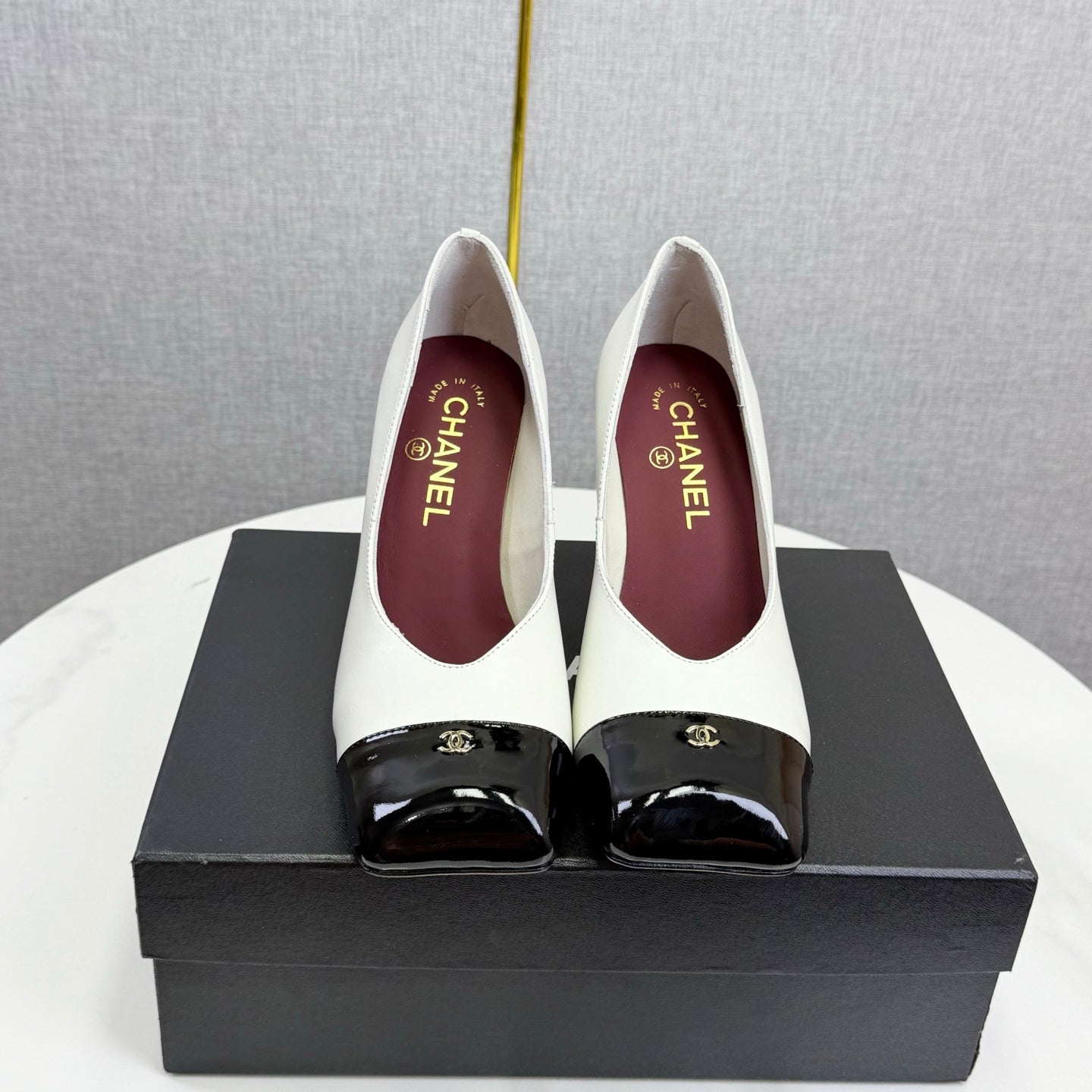 CC Square Toe Slingback Black White Sheepskin Patent Leather 541130