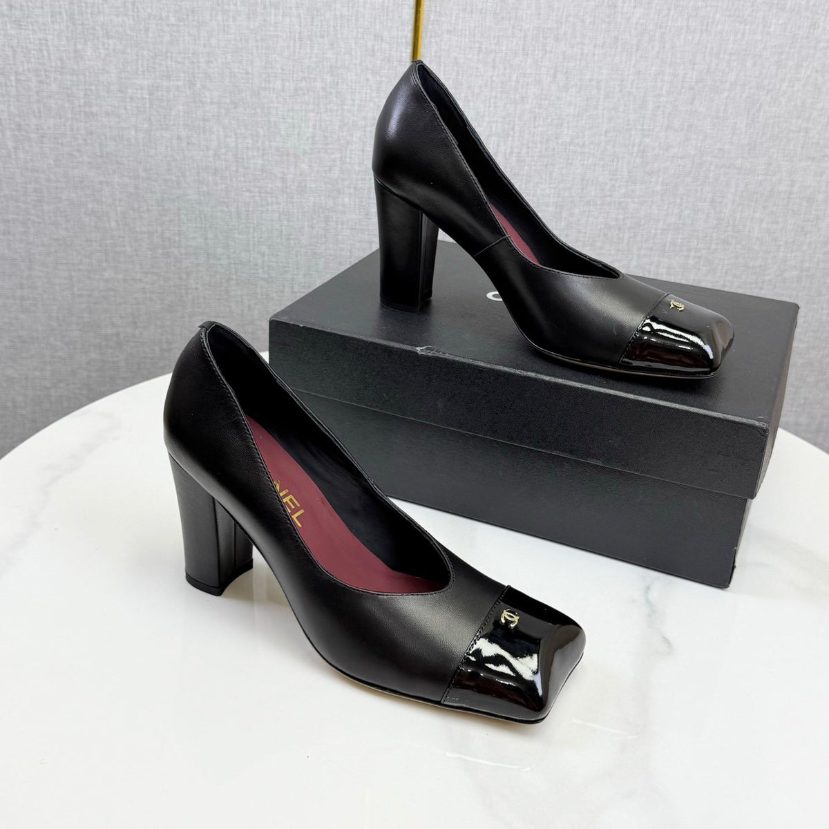 CC Square Toe Slingback Black Sheepskin Patent Leather 541131
