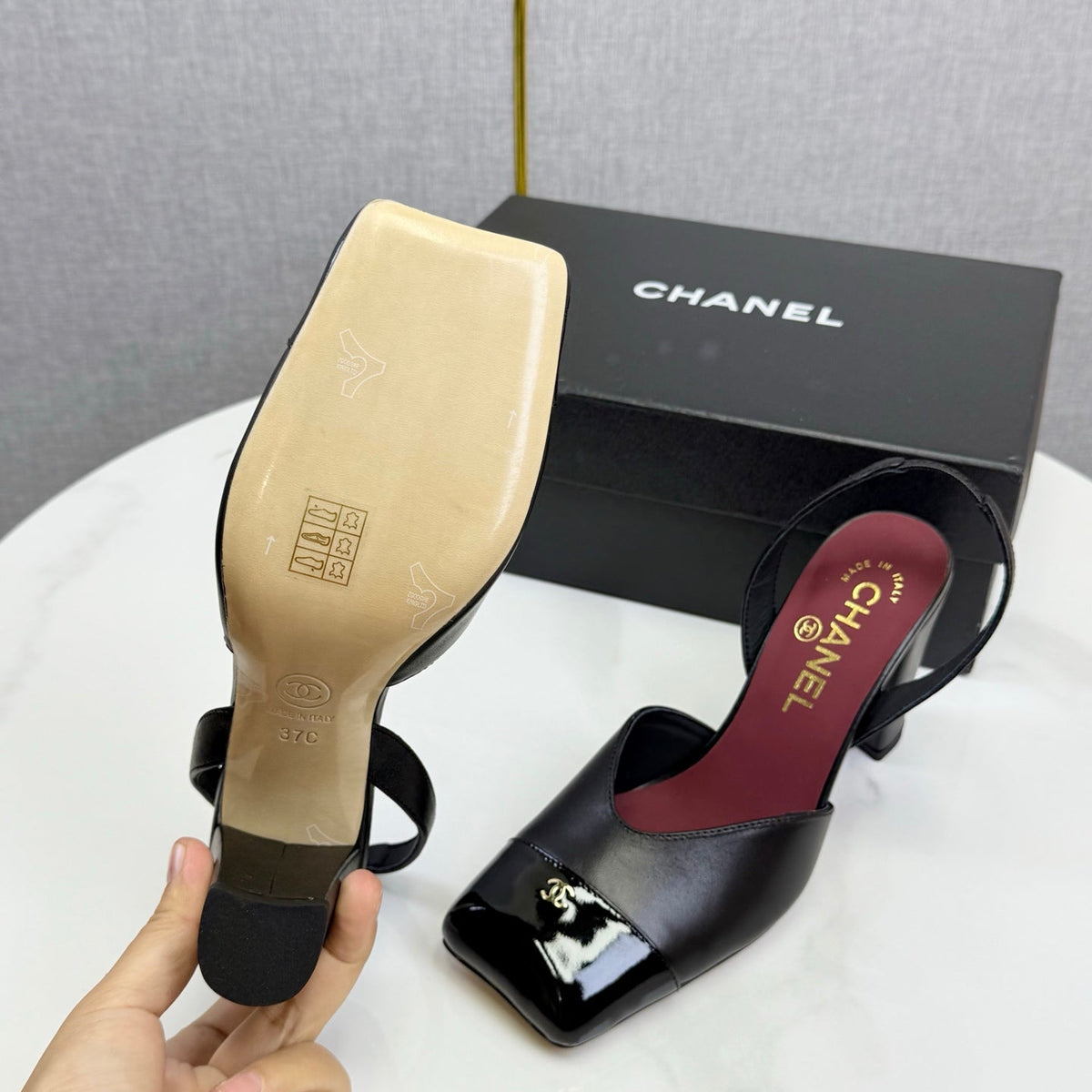 CC 25FW Square Toe Slingback Black Sheepskin Patent Leather 541134