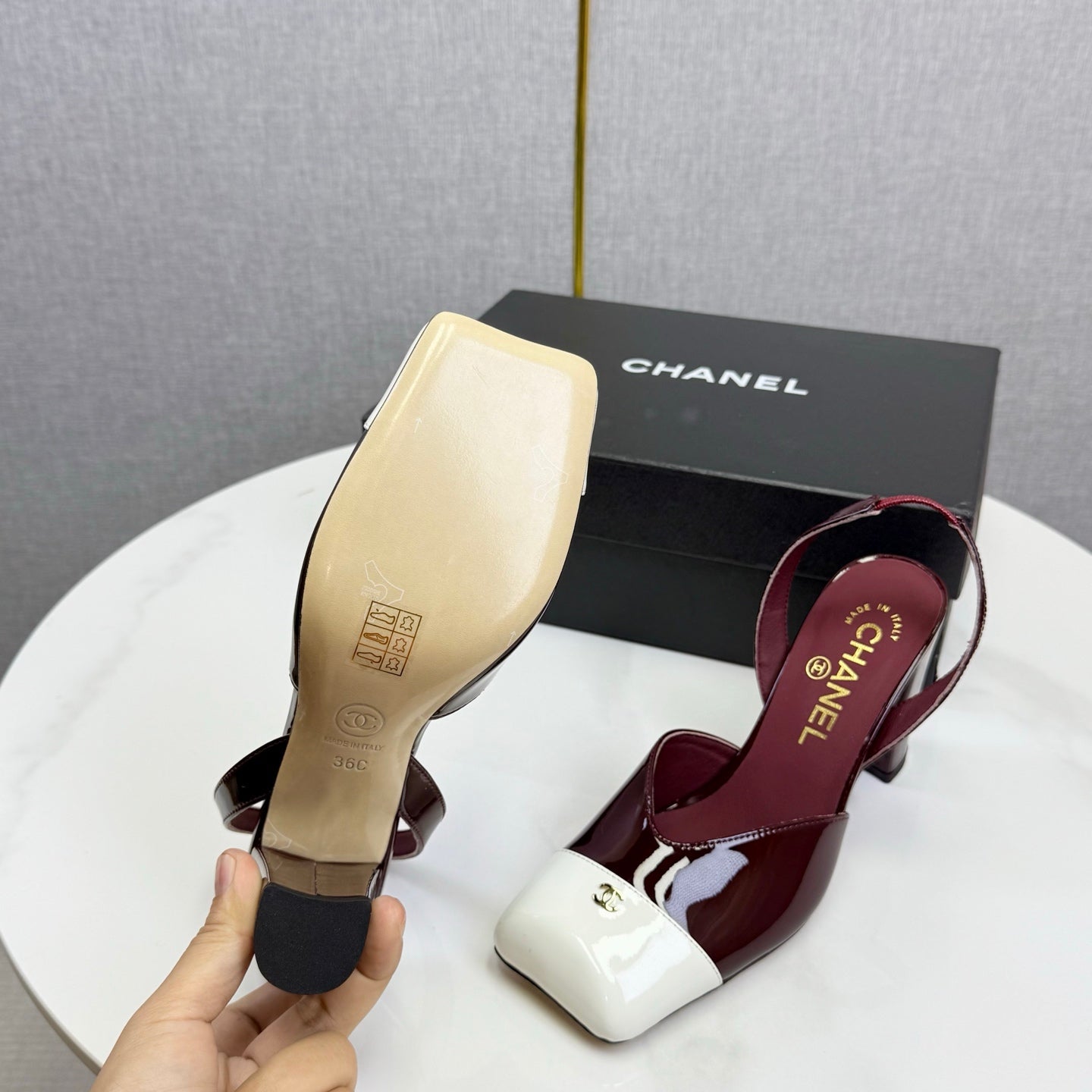 CC 25FW Square Toe Slingback White Dark Burgundy Patent Leather 541136