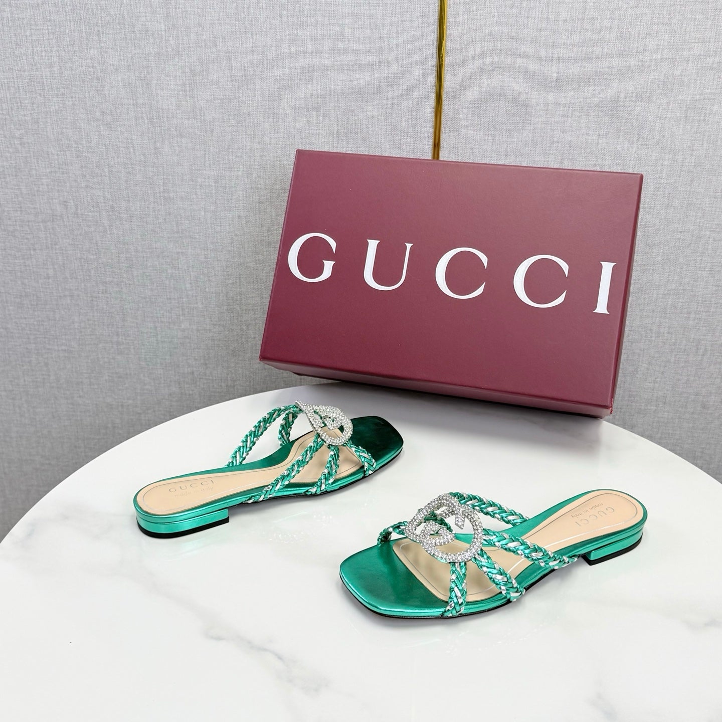 GG 26s Slippers With Crystal Interlocking G Teal Green Leather 639931