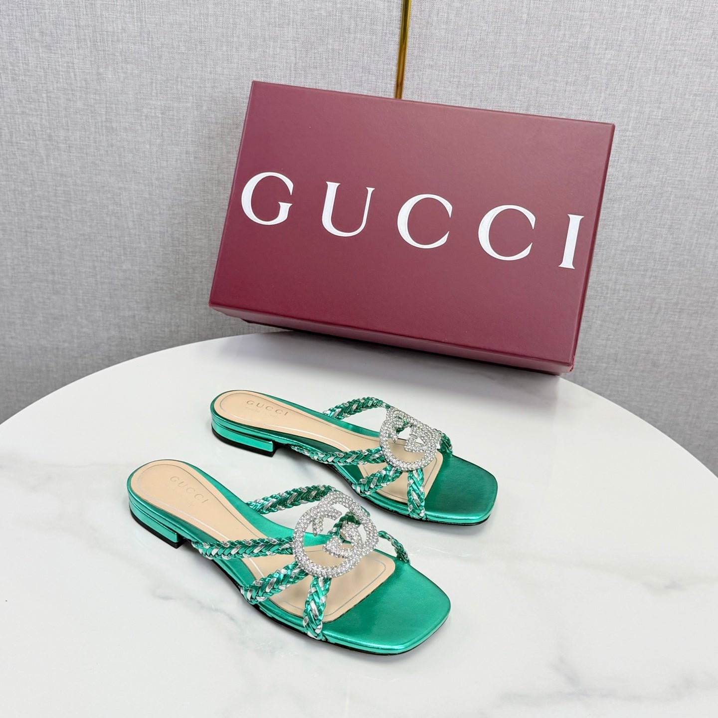 GG 26s Slippers With Crystal Interlocking G Teal Green Leather 639931